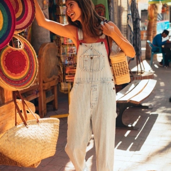 Faherty Pants - Faherty Topsail Overalls Women’s XS Light Wash Striped Railroad Western Cowgirl